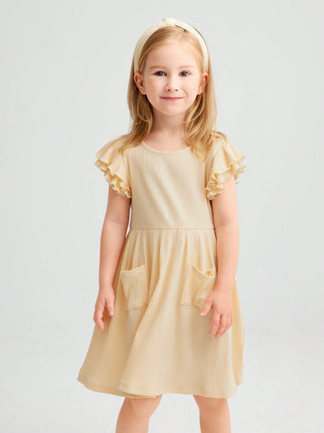 Young Girl Knitted Solid Color Round Neck Short Flared Sleeves Integrated Casual Dress
