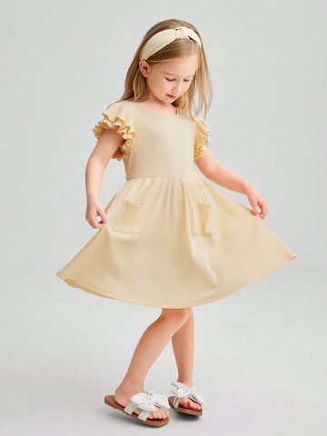 Young Girl Knitted Solid Color Round Neck Short Flared Sleeves Integrated Casual Dress