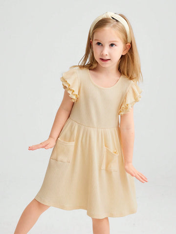 Young Girl Knitted Solid Color Round Neck Short Flared Sleeves Integrated Casual Dress