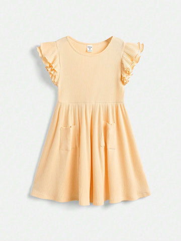 Young Girl Knitted Solid Color Round Neck Short Flared Sleeves Integrated Casual Dress