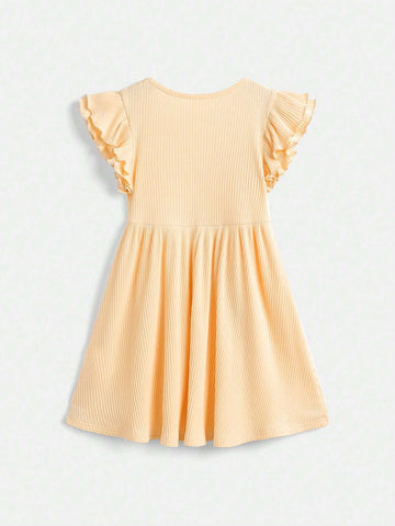 Young Girl Knitted Solid Color Round Neck Short Flared Sleeves Integrated Casual Dress