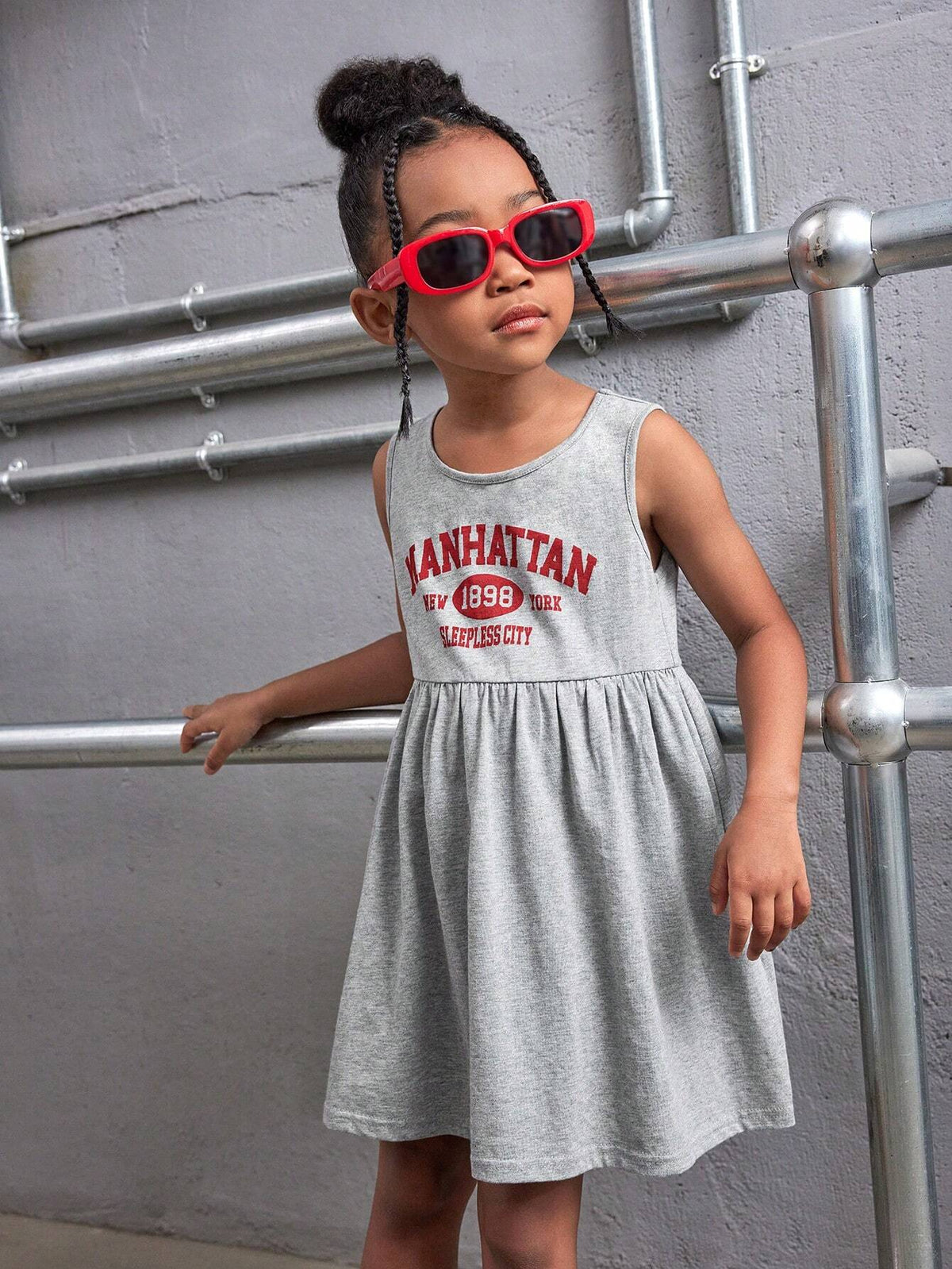 Young Girl Knitted Solid Color Sleeveless Bodycon Letter Print Casual Dress, Round Neck