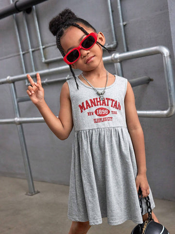 Young Girl Knitted Solid Color Sleeveless Bodycon Letter Print Casual Dress, Round Neck