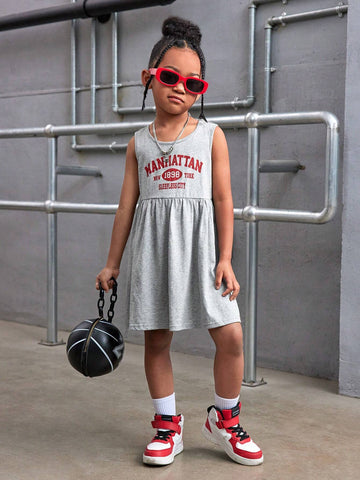 Young Girl Knitted Solid Color Sleeveless Bodycon Letter Print Casual Dress, Round Neck