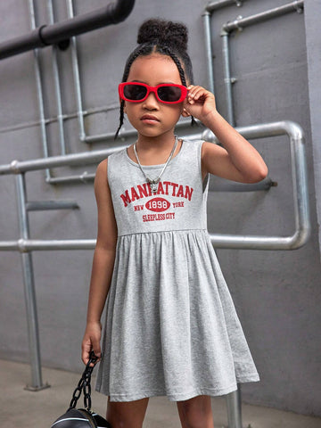 Young Girl Knitted Solid Color Sleeveless Bodycon Letter Print Casual Dress, Round Neck