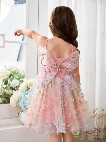 Young Girl Knitted Solid Color Sweet Butterfly Wing Mesh Splice Strap Dress