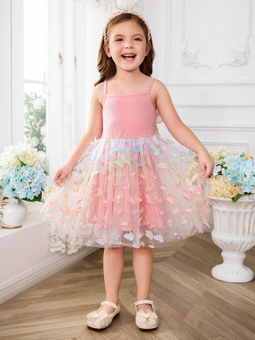 Young Girl Knitted Solid Color Sweet Butterfly Wing Mesh Splice Strap Dress
