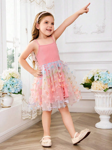 Young Girl Knitted Solid Color Sweet Butterfly Wing Mesh Splice Strap Dress