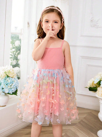 Young Girl Knitted Solid Color Sweet Butterfly Wing Mesh Splice Strap Dress