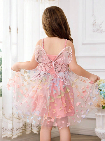 Young Girl Knitted Solid Color Sweet Butterfly Wing Mesh Splice Strap Dress