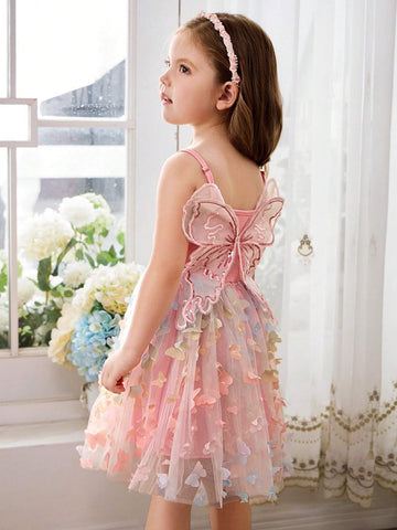 Young Girl Knitted Solid Color Sweet Butterfly Wing Mesh Splice Strap Dress