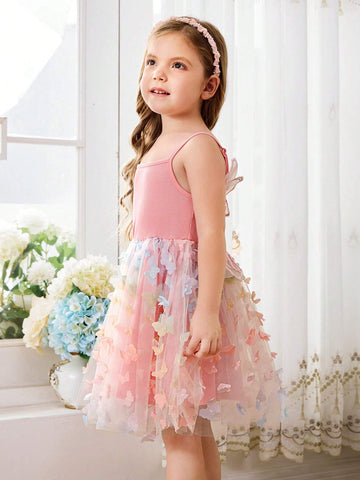 Young Girl Knitted Solid Color Sweet Butterfly Wing Mesh Splice Strap Dress