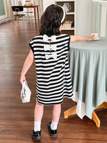 Young Girl Knitted Striped Sleeveless Loose Casual Dress With Bowknot And Round Neck