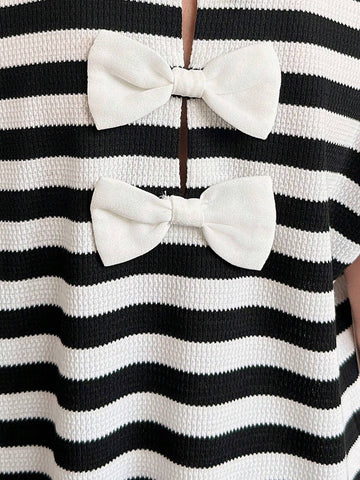 Young Girl Knitted Striped Sleeveless Loose Casual Dress With Bowknot And Round Neck