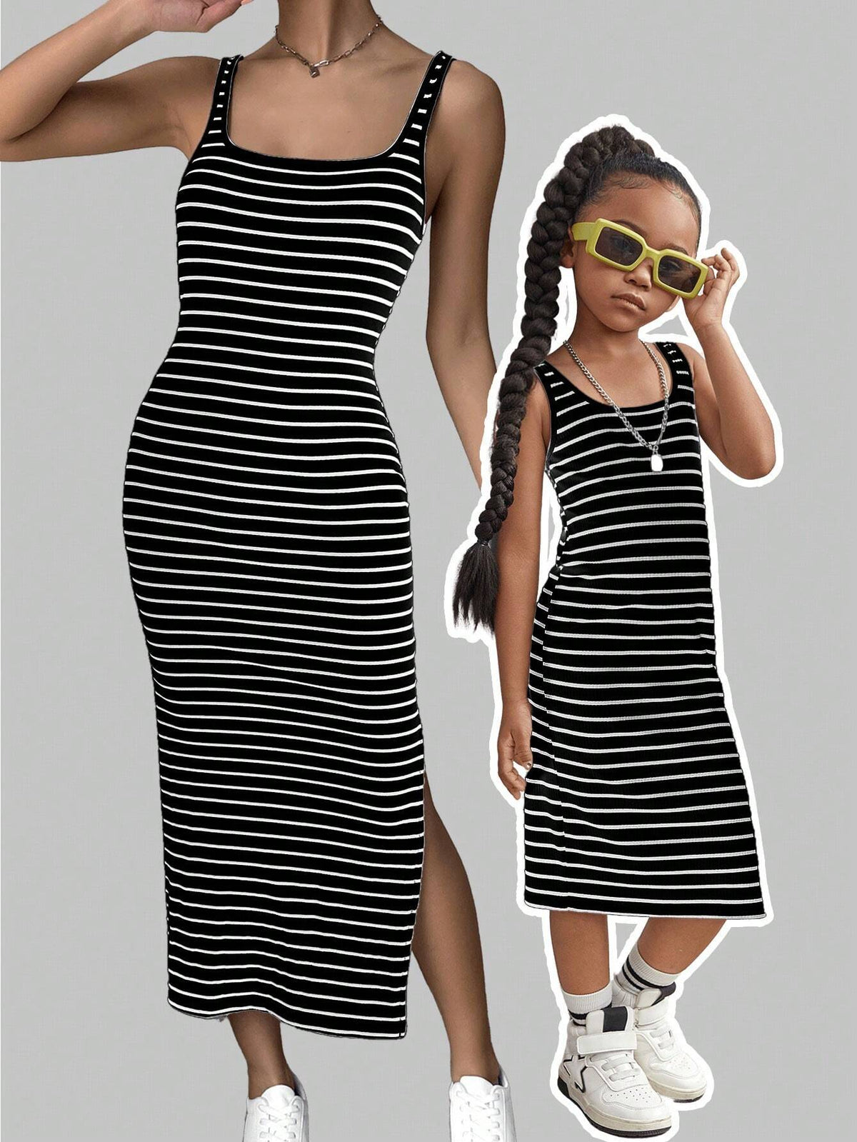 Young Girl Knitted Striped Square Neck Fitted Hemline Split Strap Dress