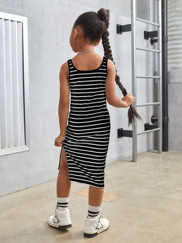 Young Girl Knitted Striped Square Neck Fitted Hemline Split Strap Dress