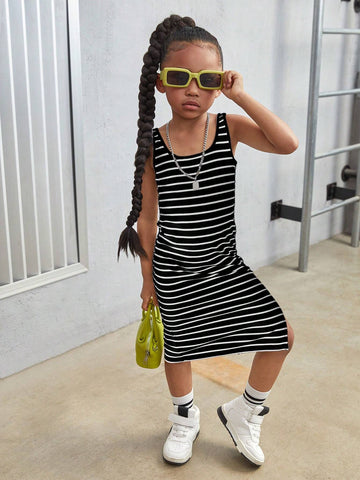 Young Girl Knitted Striped Square Neck Fitted Hemline Split Strap Dress