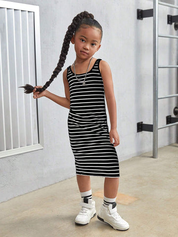 Young Girl Knitted Striped Square Neck Fitted Hemline Split Strap Dress