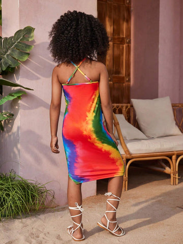 Young Girl Knitted Tie-Dye Dopamine Holiday Style Spaghetti Strap Dress, Suitable For Summer