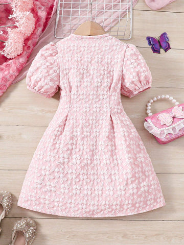 Young Girl Ladylike Jacquard Puff Sleeve Dress With Front Button Placket