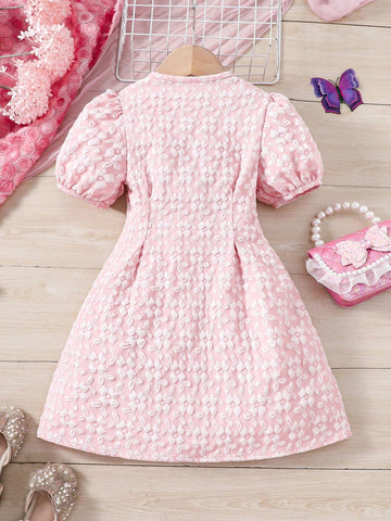 Young Girl Ladylike Jacquard Puff Sleeve Dress With Front Button Placket