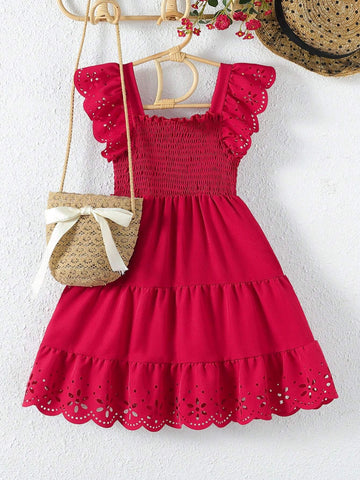 Young Girl Laser Cut Out Ruffle Trim Layered Hem Dress