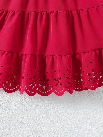 Young Girl Laser Cut Out Ruffle Trim Layered Hem Dress