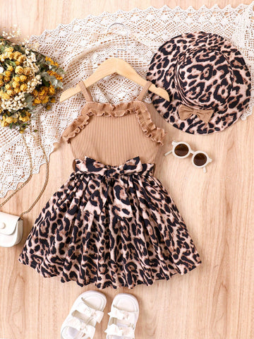 Young Girl Leopard Print Ruffle Trim Dress & Hat