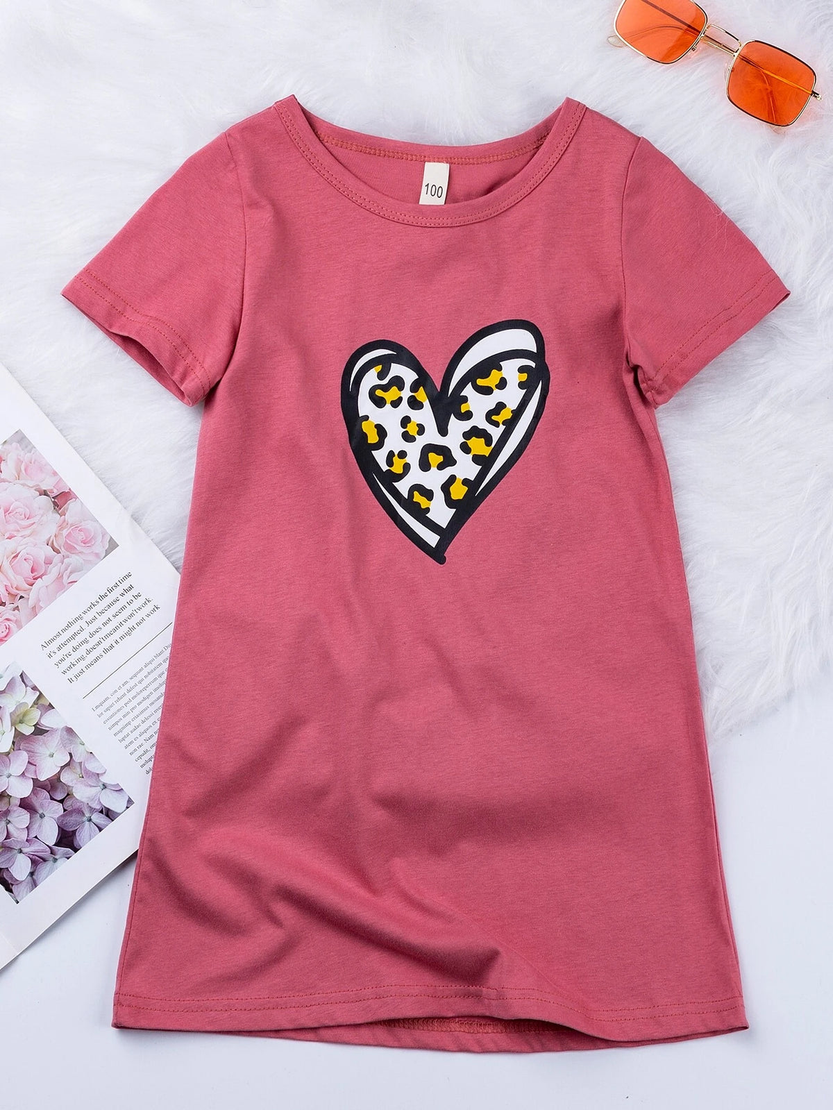Young Girl Leopard & Heart Print Tee Dress