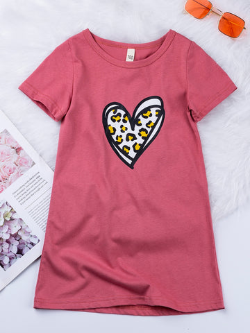 Young Girl Leopard & Heart Print Tee Dress