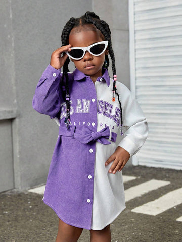 Young Girl Letter Print Corduroy Collared Loose Casual Dress