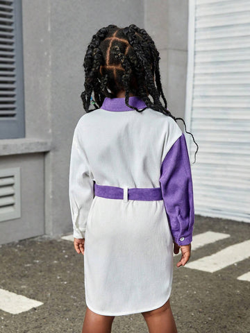 Young Girl Letter Print Corduroy Collared Loose Casual Dress