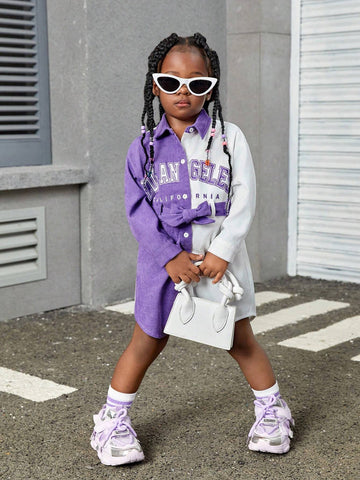 Young Girl Letter Print Corduroy Collared Loose Casual Dress
