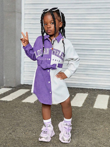 Young Girl Letter Print Corduroy Collared Loose Casual Dress