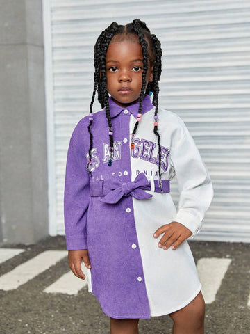 Young Girl Letter Print Corduroy Collared Loose Casual Dress