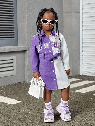 Young Girl Letter Print Corduroy Collared Loose Casual Dress