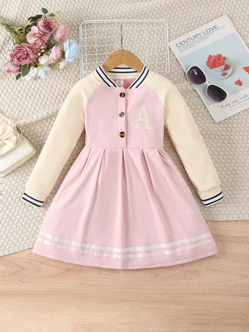 Young Girl Letter Print Striped Raglan Sleeve Casual Dress, Fall Season