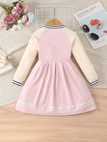 Young Girl Letter Print Striped Raglan Sleeve Casual Dress, Fall Season