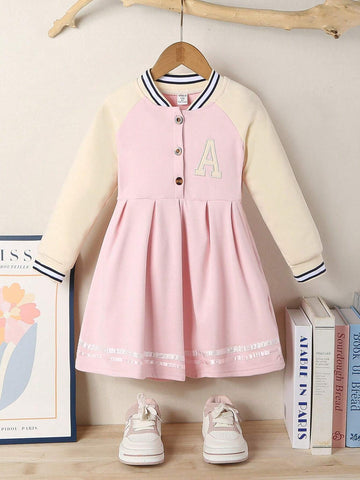 Young Girl Letter Print Striped Raglan Sleeve Casual Dress, Fall Season