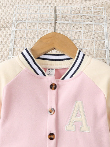 Young Girl Letter Print Striped Raglan Sleeve Casual Dress, Fall Season