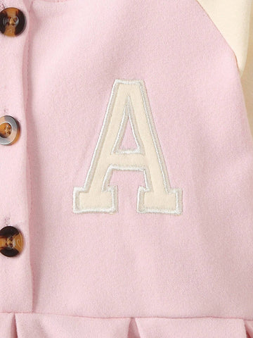 Young Girl Letter Print Striped Raglan Sleeve Casual Dress, Fall Season