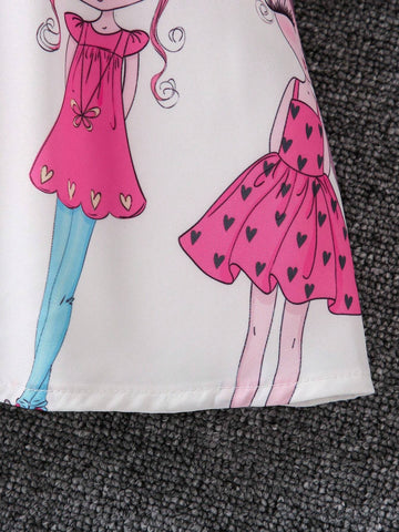 Young Girl Letter & Figure Graphic Ruffle Trim Dress