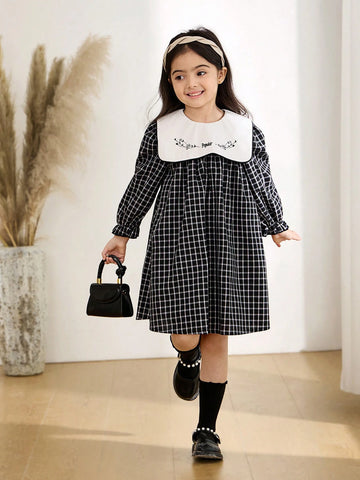 Young Girl Letter & Floral Embroidery Plaid Long Sleeve Loose Smock Dress, Autumn