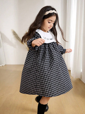 Young Girl Letter & Floral Embroidery Plaid Long Sleeve Loose Smock Dress, Autumn