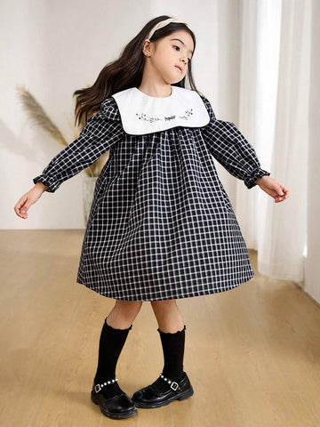 Young Girl Letter & Floral Embroidery Plaid Long Sleeve Loose Smock Dress, Autumn