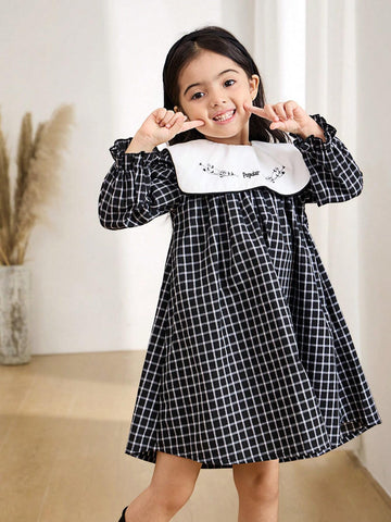Young Girl Letter & Floral Embroidery Plaid Long Sleeve Loose Smock Dress, Autumn
