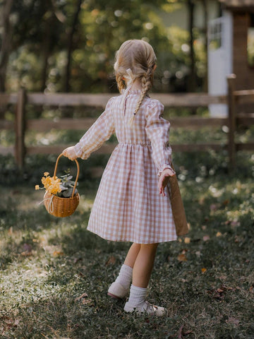 Young Girl Long Sleeve Bow Decor Ruched Flounce Hem Casual Dress