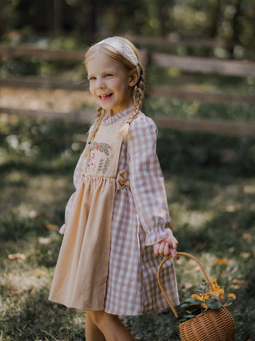 Young Girl Long Sleeve Bow Decor Ruched Flounce Hem Casual Dress