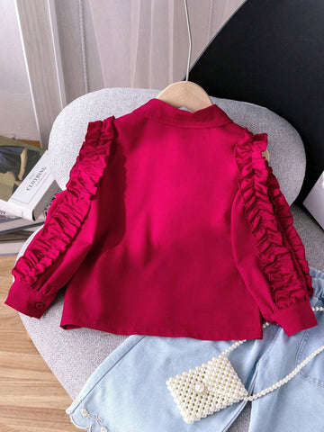 Young Girl Long Sleeve Casual Loose Splice Ruffle Hem Solid Shirt, Spring & Autumn
