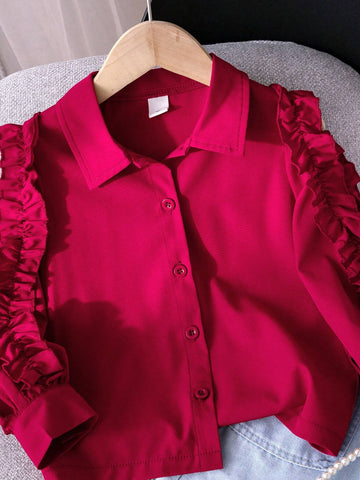 Young Girl Long Sleeve Casual Loose Splice Ruffle Hem Solid Shirt, Spring & Autumn